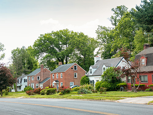 Row of single-family homes in a suburb in Baltimore